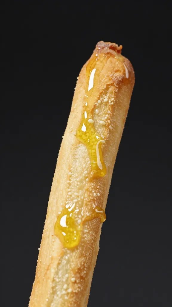 single breadstick tip glistening with garlic oil