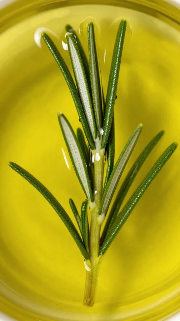 closeup of rosemary sprig submerged in olive oil