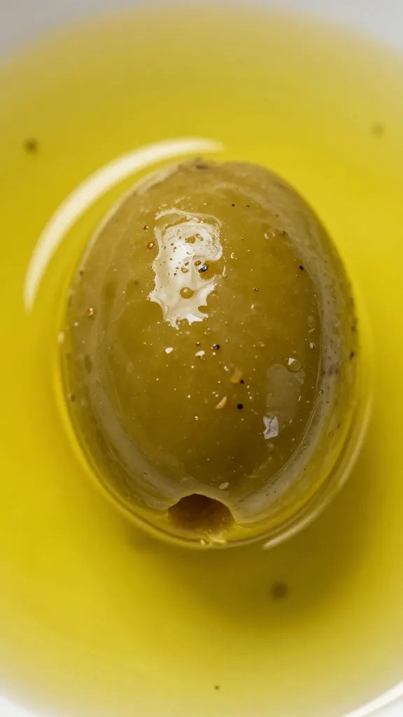 single kalamata olive resting in seasoned oil