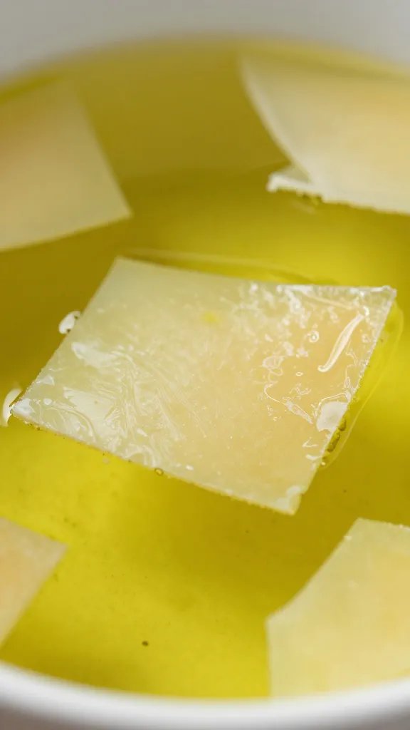 closeup of parmesan shavings floating in olive oil