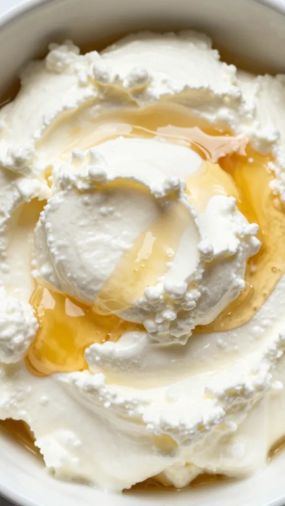 closeup bowl of honey-whipped goat cheese, drizzle of honey