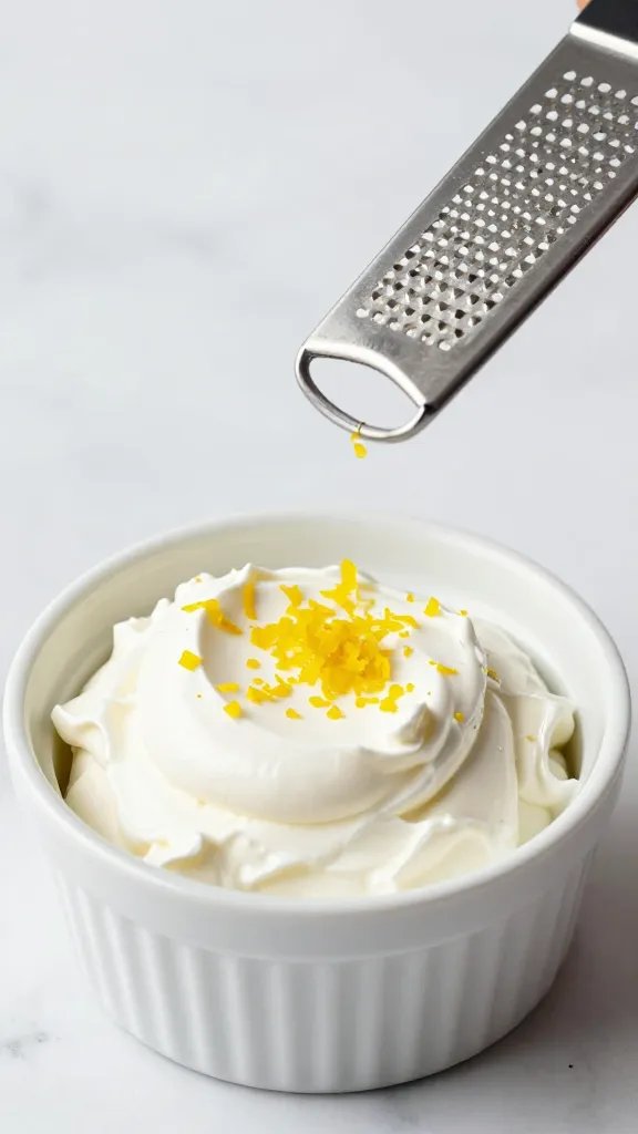 white ramekin of whipped goat cheese with microplane lemon zest