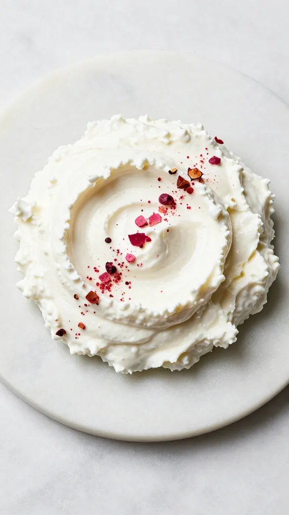 marble plate with whipped goat cheese, cracked pink pepper