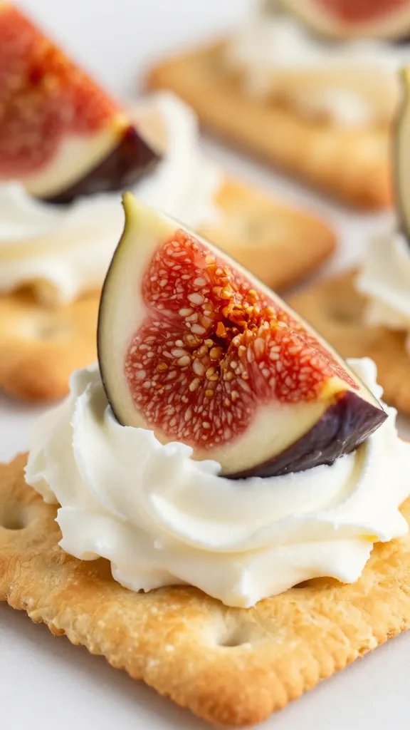 closeup cracker topped with whipped goat cheese and fig slice
