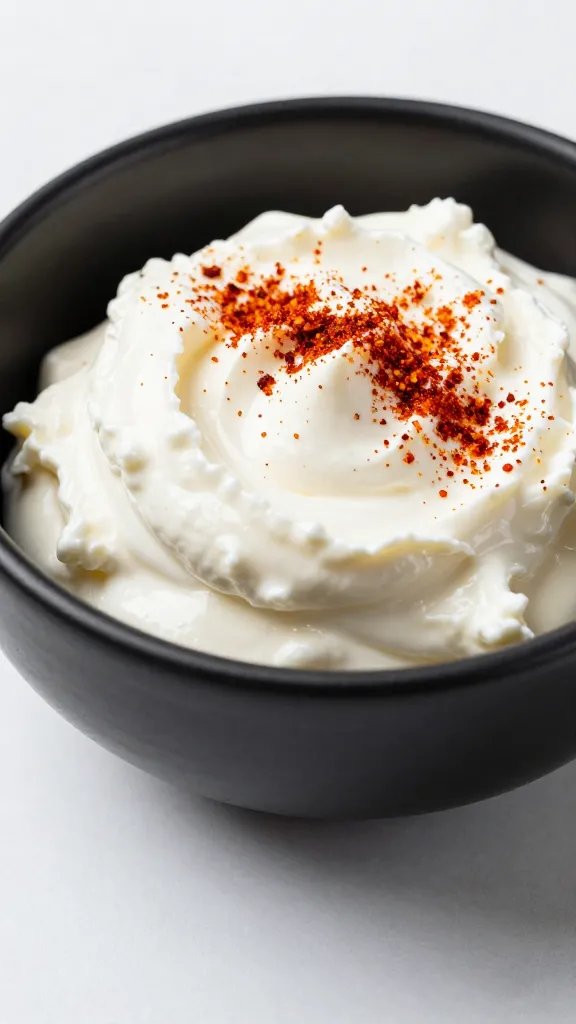 matte black bowl of whipped goat cheese, smoked paprika dust
