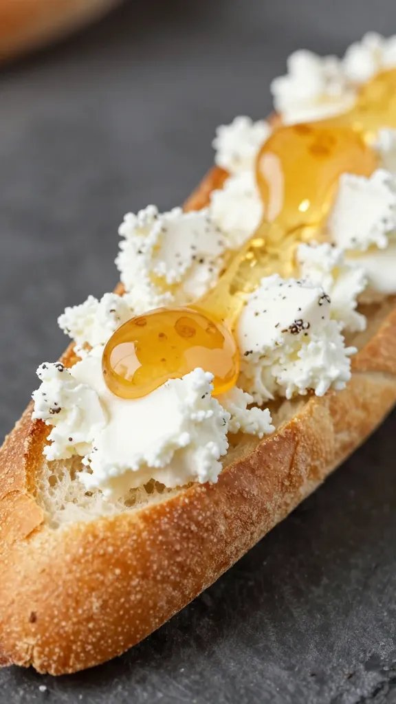 closeup baguette end spread with honey goat cheese