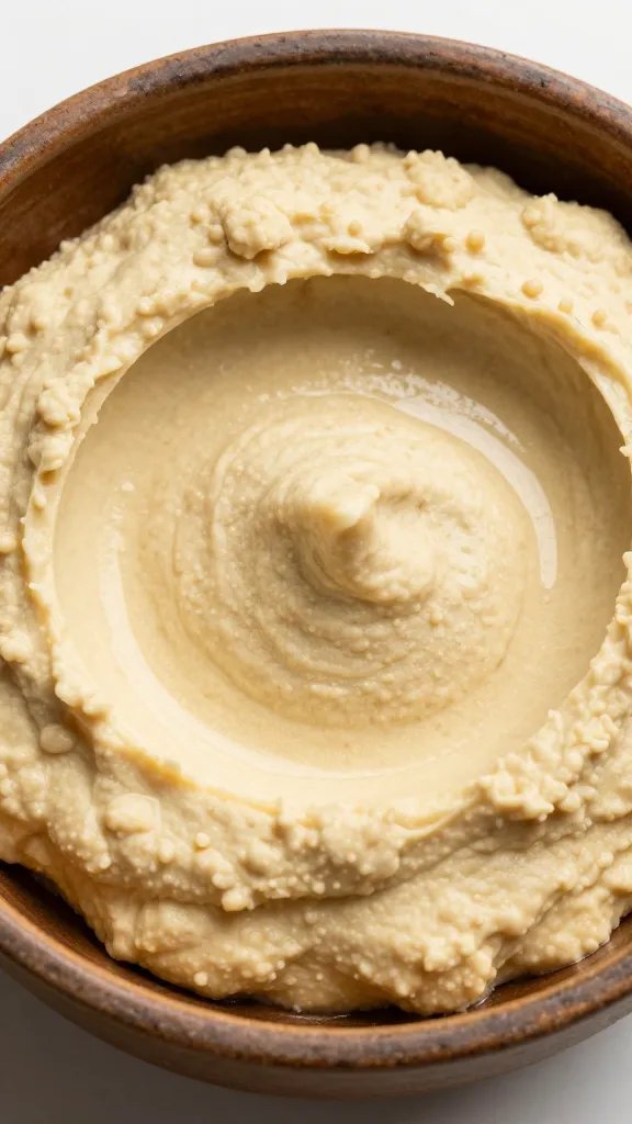 Closeup of garlic hummus in rustic ceramic bowl