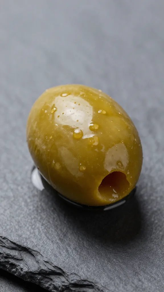 Single marinated Castelvetrano olive on slate surface