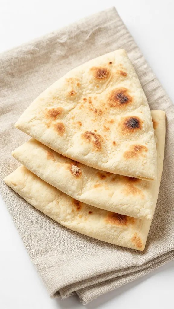 Stack of warm pita triangles on linen napkin