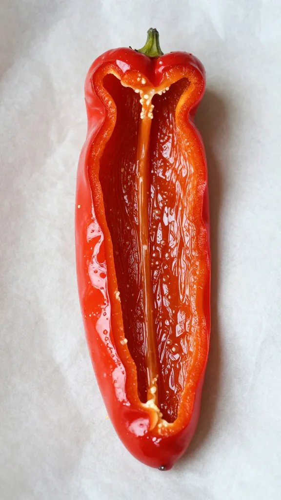 Roasted red pepper strip on parchment