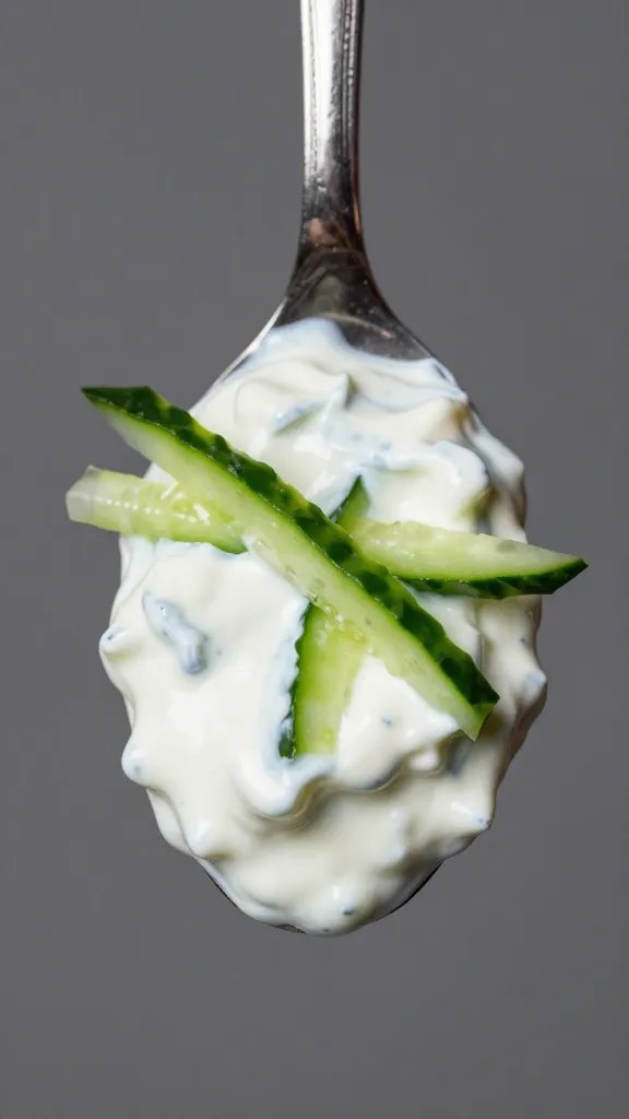 Spoonful of tzatziki with cucumber shred
