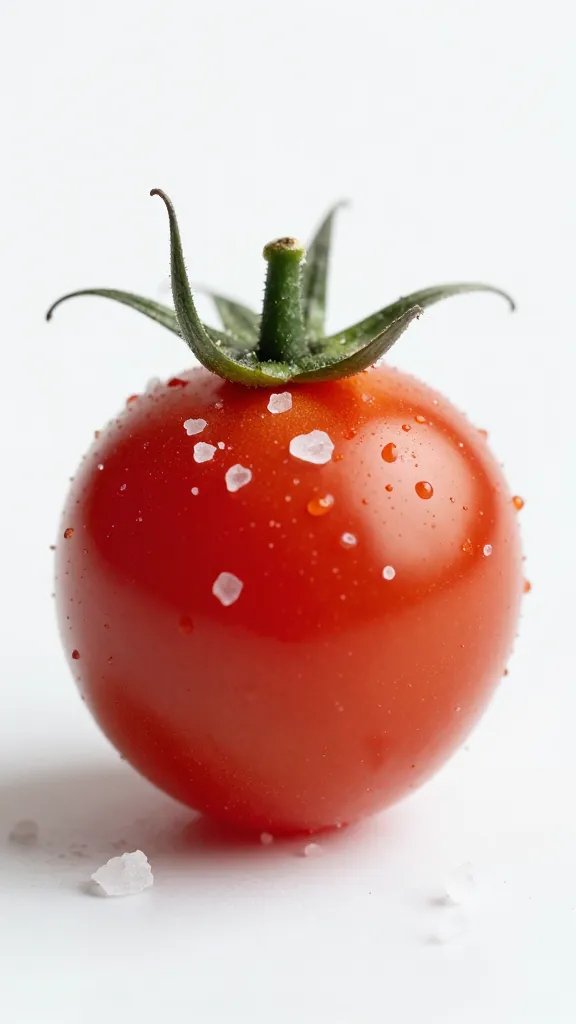 Single cherry tomato with sea salt flakes