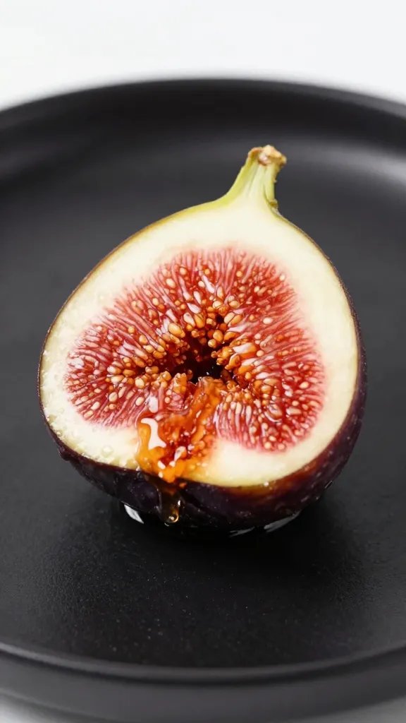Honey-drizzled fig half on black plate