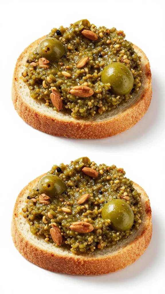 Almond-studded olive tapenade on toast round
