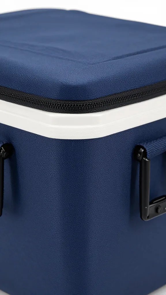soft-sided navy cooler zipper detail, shallow depth of field