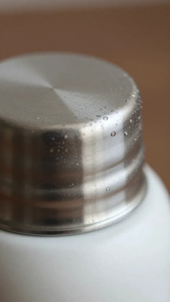 vacuum-insulated stainless bottle cap detail, condensation beads