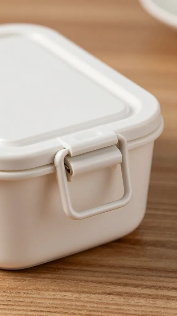 airtight snack container latch closeup on wood table