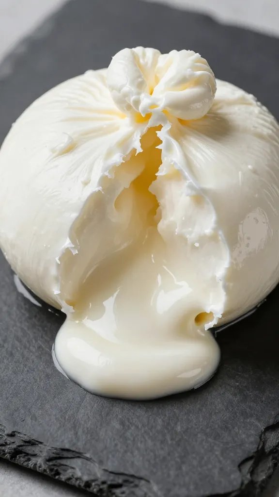 closeup of torn burrata oozing cream on slate board