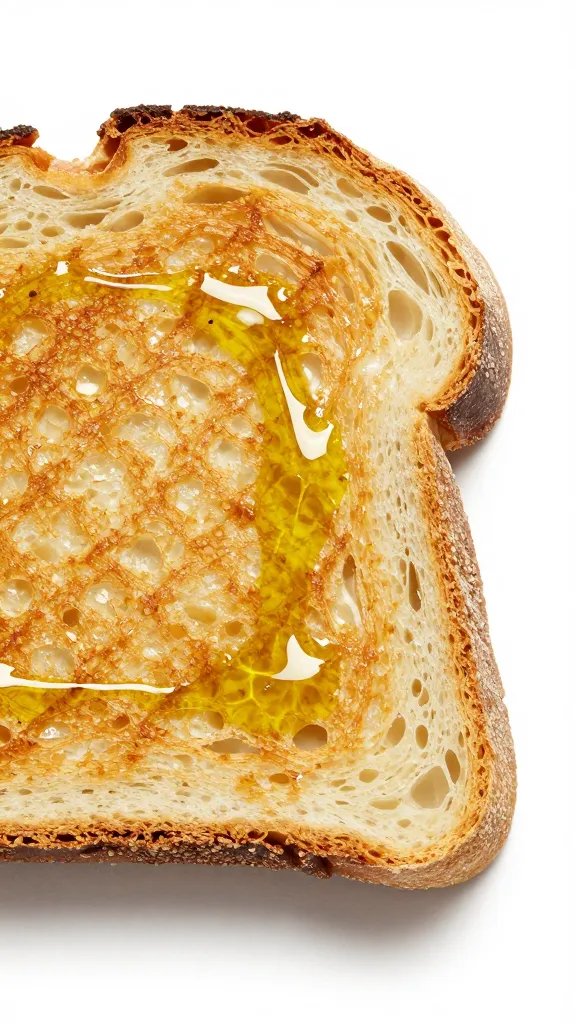 toasted sourdough slice with olive oil glisten, macro