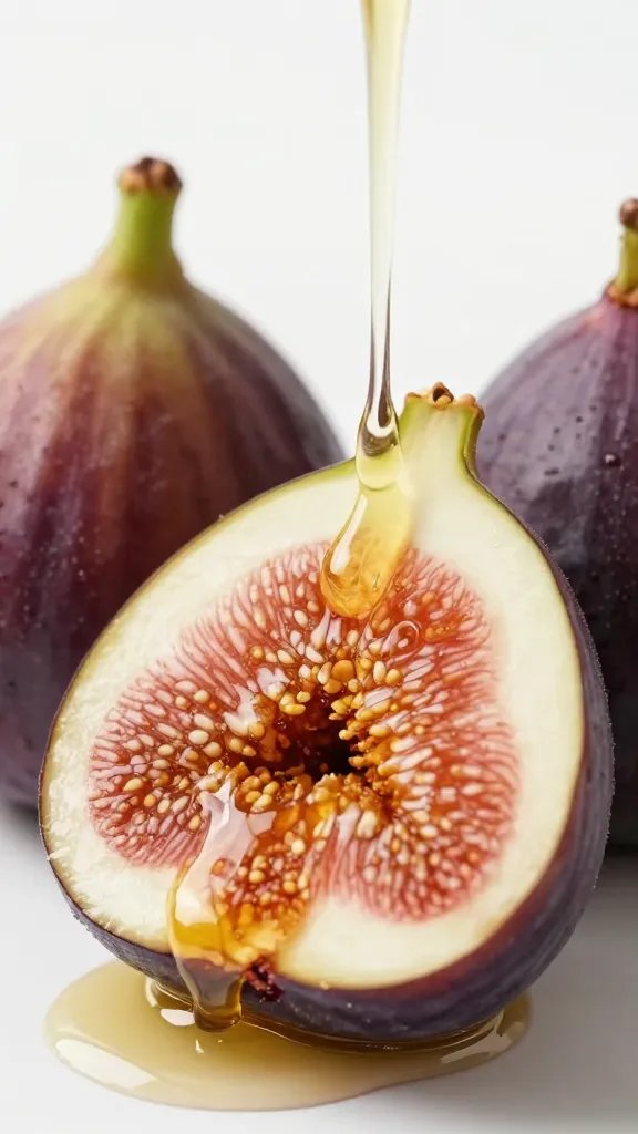 halved ripe fig drizzled with honey, studio closeup