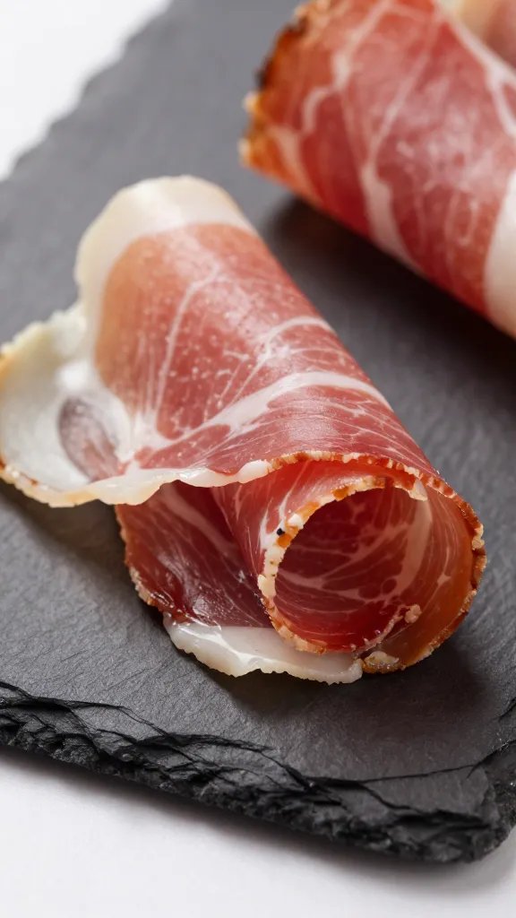 prosciutto ribbon curl on black slate, tight shot