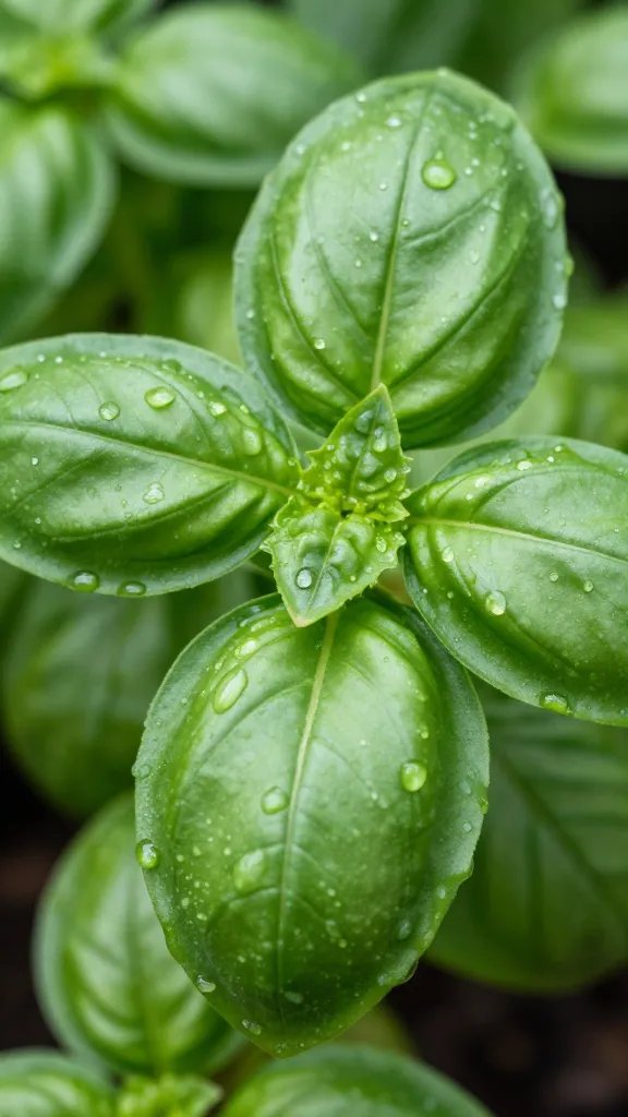 basil leaves with dewdrop sheen, extreme closeup