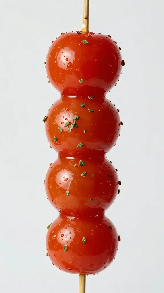 marinated cherry tomato skewer with herbs, closeup