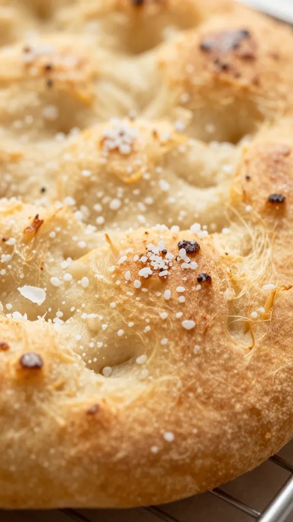 warm focaccia corner with flaky sea salt, closeup