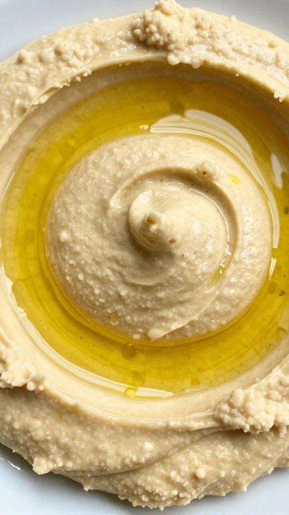 closeup of hummus swirl topped with olive oil