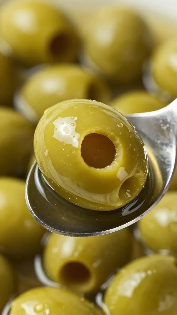 closeup of Kalamata olive in brine on spoon