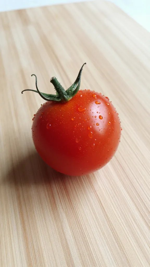 single ripe cherry tomato on cutting board