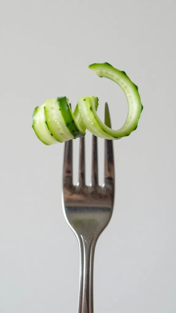 closeup of cucumber ribbon curl on fork