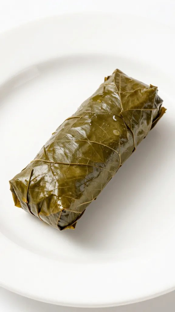 single stuffed grape leaf on white plate