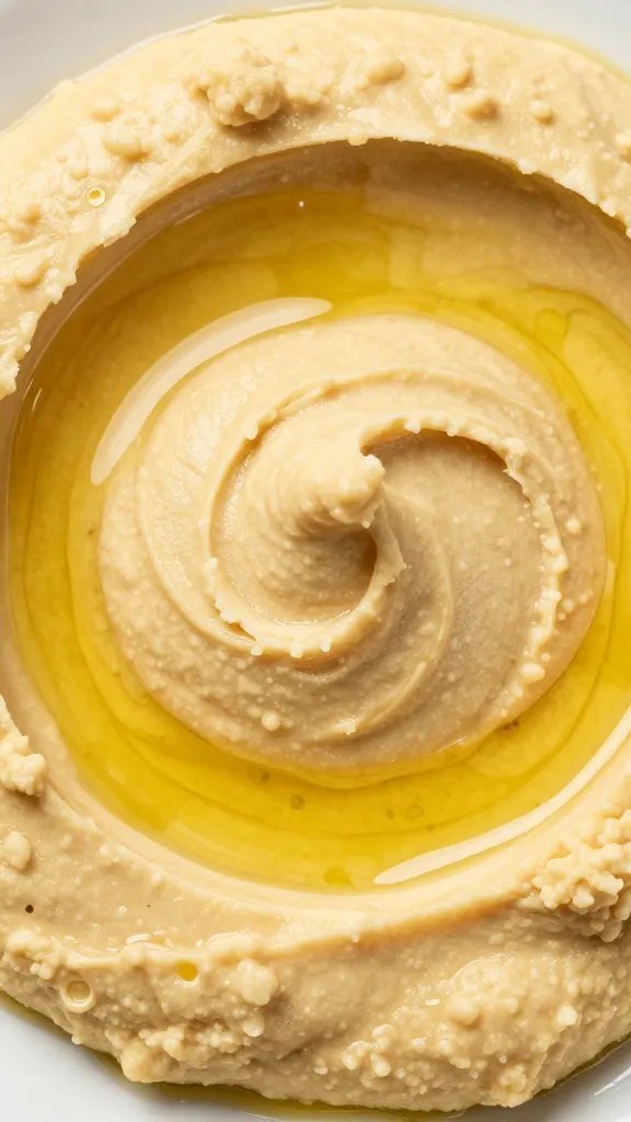 closeup of classic hummus swirl with olive oil pool