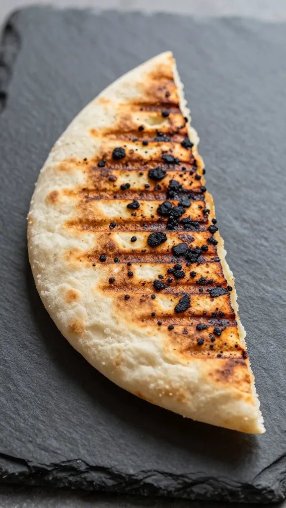 single grilled pita triangle with char marks on slate