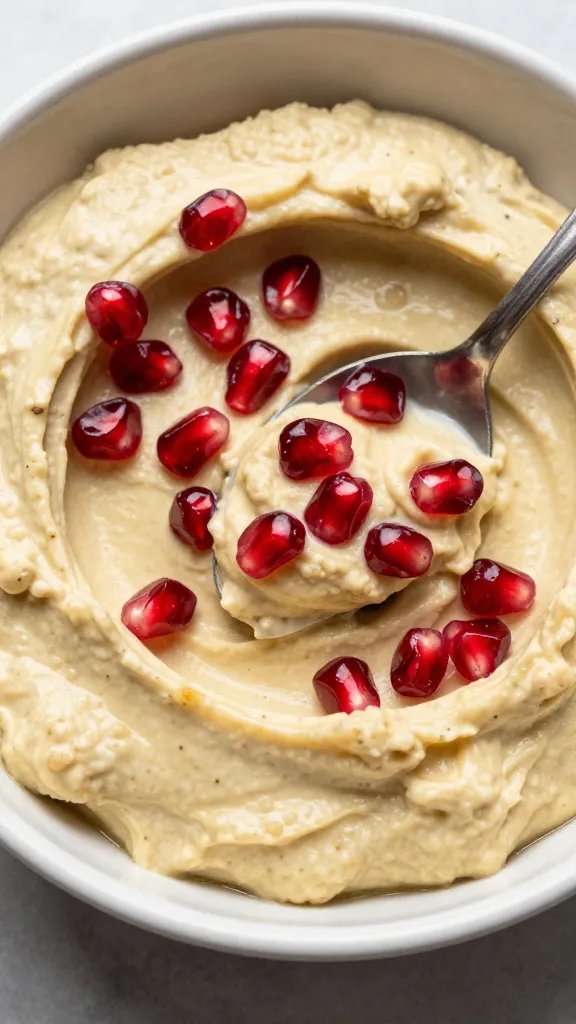 baba ghanoush spoonful topped with pomegranate seeds