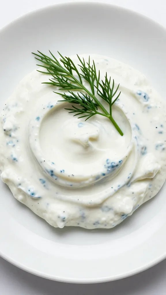 tzatziki dollop with dill sprig on white plate