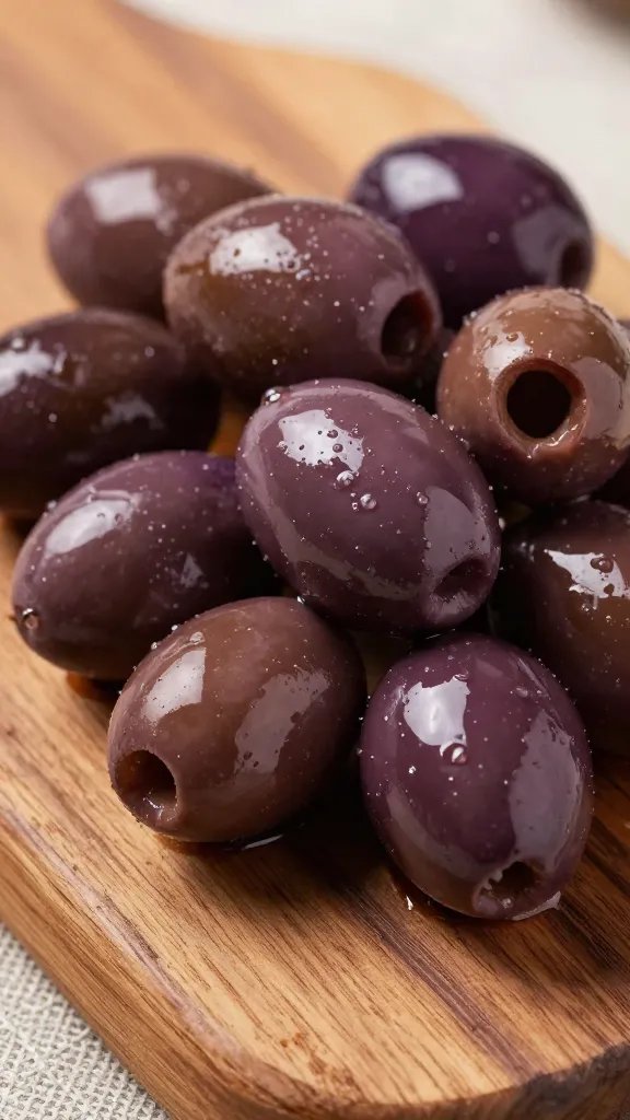 glossy kalamata olive on rustic wooden board