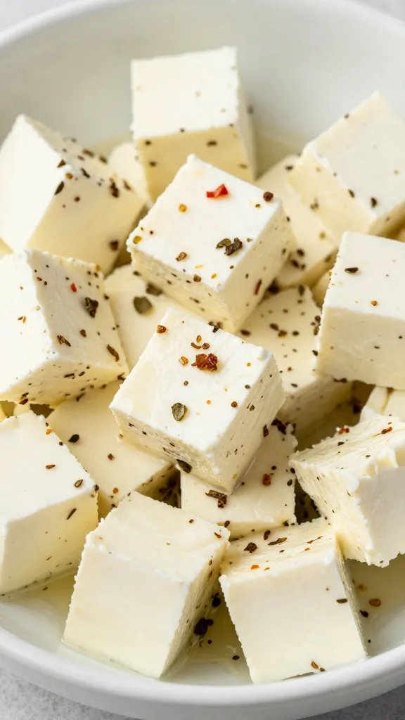 marinated feta cube with oregano and chili flakes