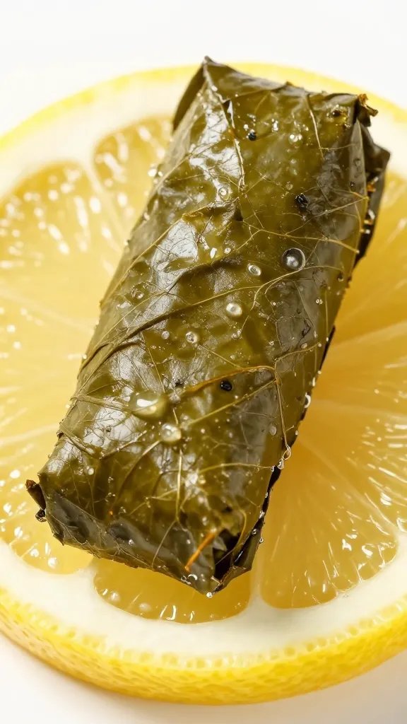 single stuffed grape leaf on lemon slice