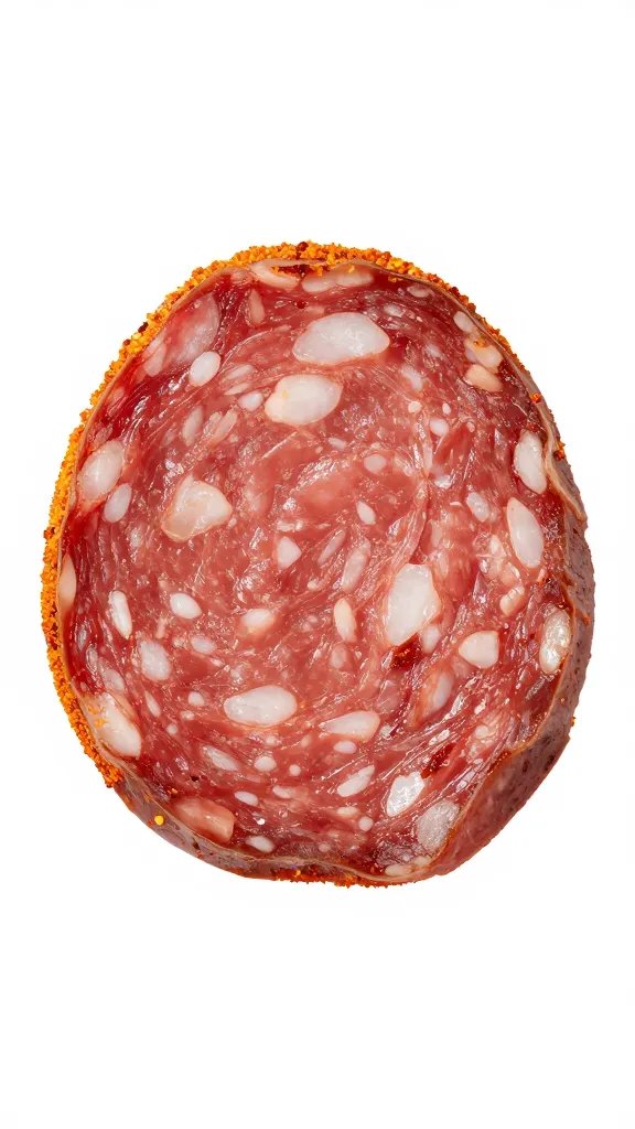 Spanish chorizo slice with paprika-dusted edge