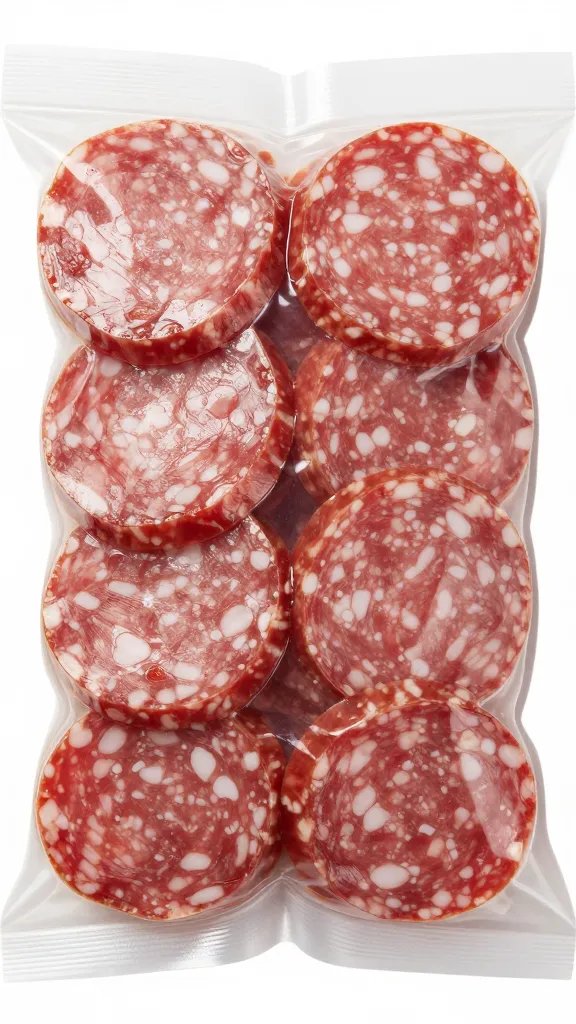 closeup of sealed silicone bag filled with sliced salami