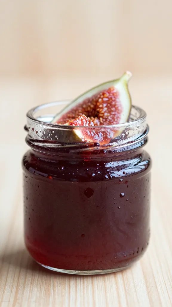 small jar of fig jam with condensation beads