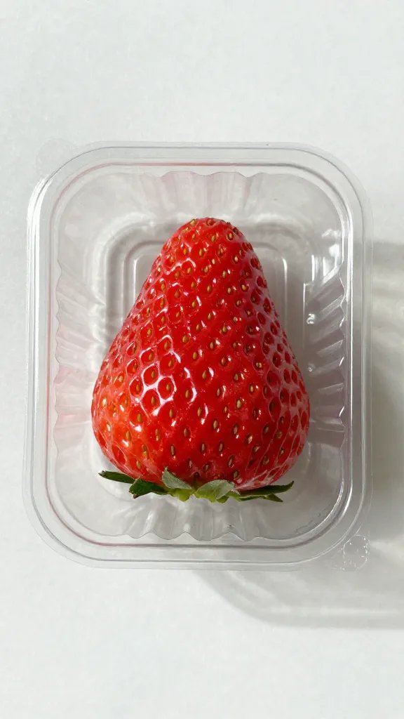 single ripe strawberry in vented produce container