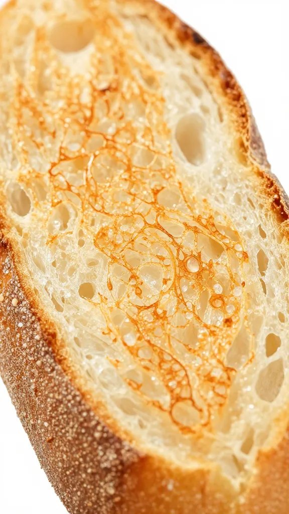 closeup of toasted baguette slice with golden crust