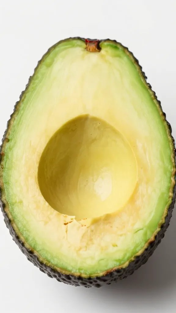 ripe avocado half with visible green flesh, closeup