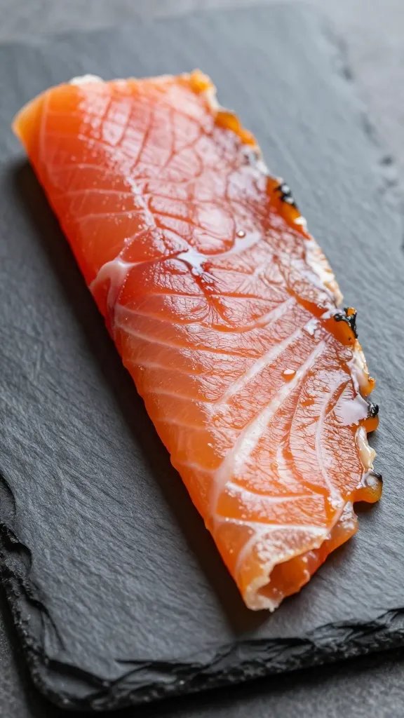 silky smoked salmon slice folded on slate board
