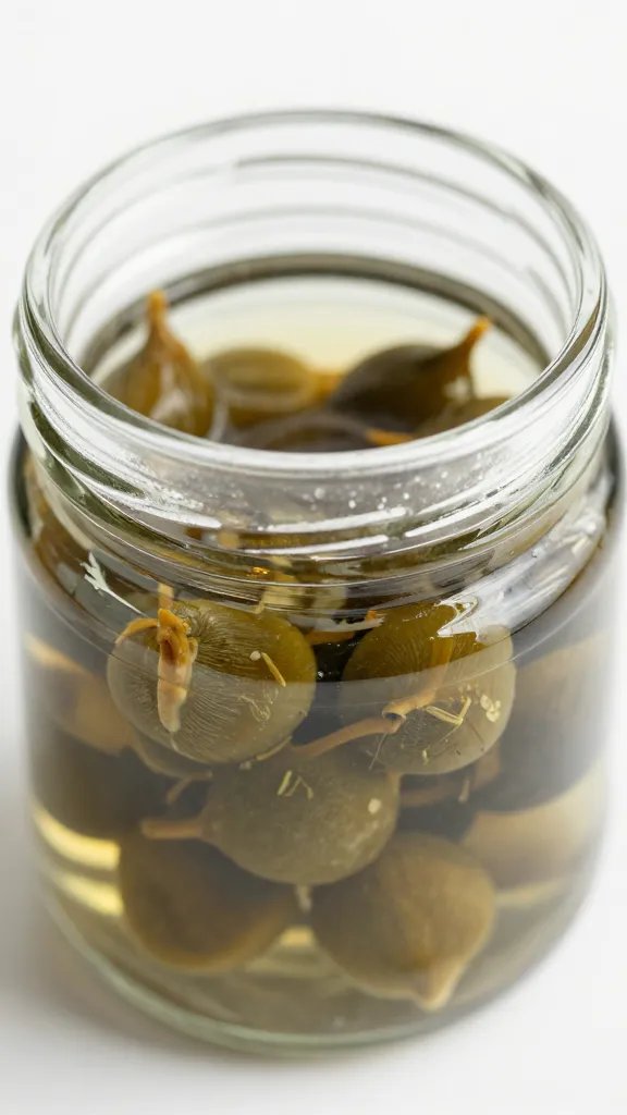 small glass jar of capers in brine, closeup