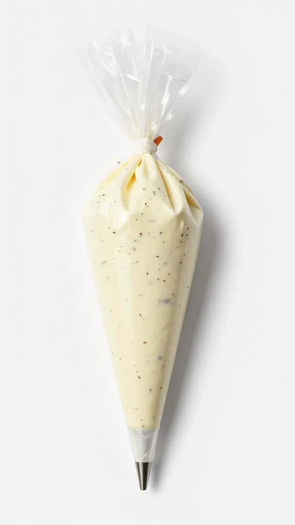 piping bag filled with herbed cream cheese, tip detail