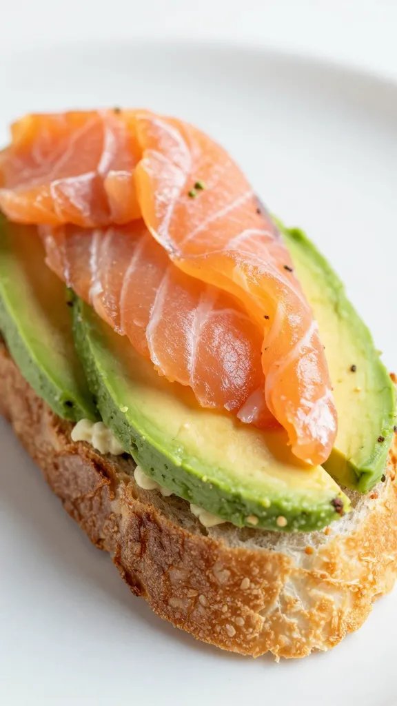 single crostini topped with avocado and salmon, closeup